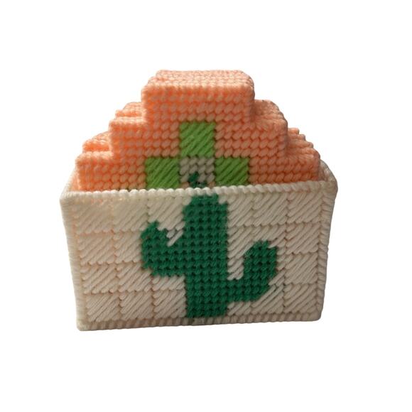 Vintage Latch Hook Coasters Set Of 8 Cactus 4.25” - Picture 2 of 6